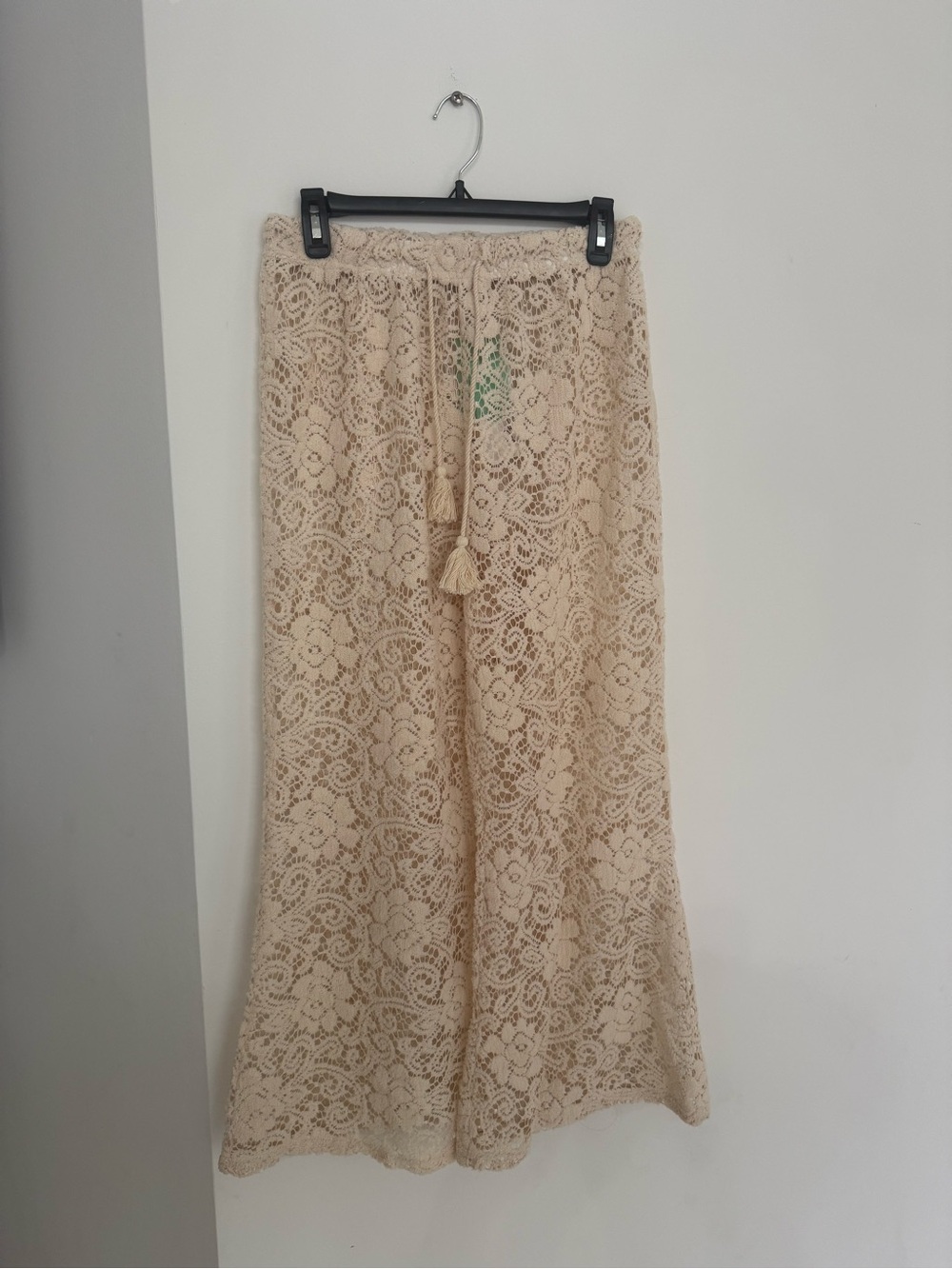 Cream Lace Maxi Cover-Up Pants with Drawstring Tassel